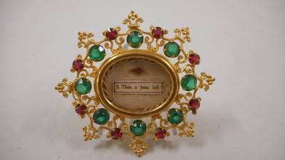 Reliquary - Relic St. Therese  en Brass / Gilt / Stones / Wax Seal, Belgium 19 th century