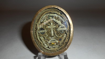 Reliquary - Relic True Cross & 12 Apostles  en Brass / Glass / Wax Seal, Belgium 18th century