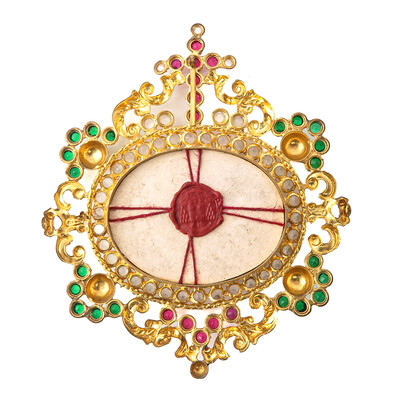 Reliquary - Relic True Cross  en Brass / Glass / Wax Seal / Stones, France 19 th century