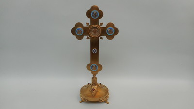 Reliquary - Relic True Cross & 4 Evangelists  en Brass / Bronze / Glass / Originally Sealed / Enamel Medallions, France 19 th century ( Anno 1885 )