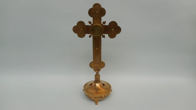 Reliquary - Relic True Cross & 4 Evangelists  en Brass / Bronze / Glass / Originally Sealed / Enamel Medallions, France 19 th century ( Anno 1885 )