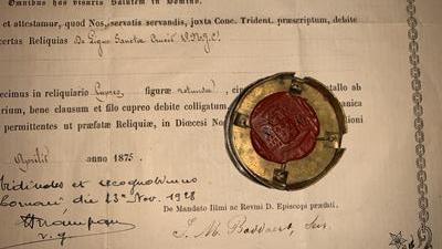 Reliquary - Relic True Cross With Original Document en Brass / Glass / Originally Sealed, Belgium 19th century ( anno 1875 )
