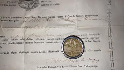 Reliquary - Relic With Original Document Ex Ossibus Ss.Mm. Of Gorcum en Brass / Glass / Originally Sealed, Belgium 19th century ( anno 1876)