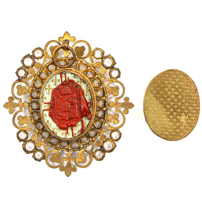 Reliquary - Relics : Ex Purpura & Ex Fune Dnjc en Brass - Gilt / Glass / Wax Seal, Italy 19 th century ( Anno 1865 )