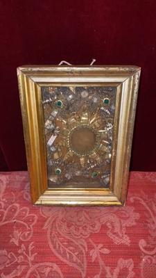 Reliquary - Relics Of St. Victor & St. Justi  en Fully hand-made monastery - work : Stones Brocade Wax  Agnus Dei Medallion Timber / Gilt Frame, Austria 18th century ( 1750 )