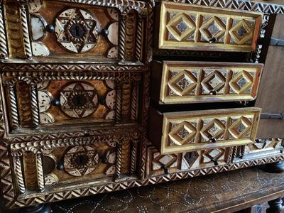 Exceptional Vargueno Cabinet style Renaissance - Style en Fully Hand - Carved Wood / Ivory / Pearl Inlay / Hand Forget Iron Locks, Spain 17 th century