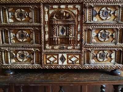 Exceptional Vargueno Cabinet style Renaissance - Style en Fully Hand - Carved Wood / Ivory / Pearl Inlay / Hand Forget Iron Locks, Spain 17 th century