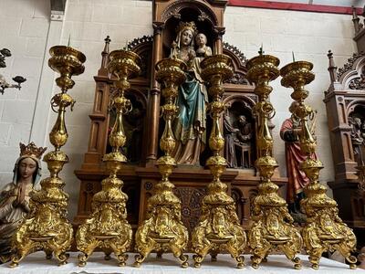 Altar -Set 6 Matching Large Candle Sticks Height Without Pin: 130 Cm ! style Rococo - Style en Brass / Bronze / Gilt , Belgium  18 th century ( Anno 1750 )