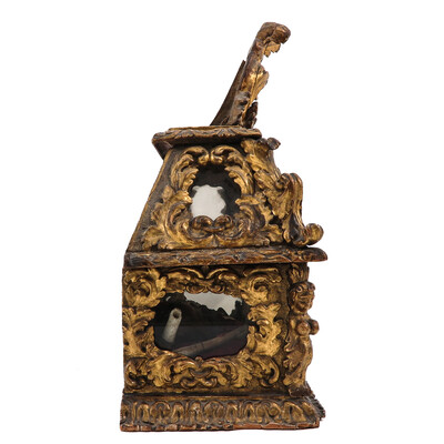 Exceptional Reliquary - Shrine Ex Ossibus Relics : St. Victoriani M. St. Severini M. St. Anthony M. St. Hyacinthi M. & More style Rococo - Style en Wood Polychrome / Glass / Wax Seal /  Glass, Belgium  17 / 18 th century