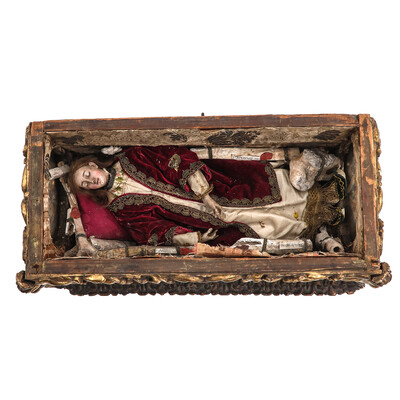 Exceptional Reliquary - Shrine Ex Ossibus Relics : St. Victoriani M. St. Severini M. St. Anthony M. St. Hyacinthi M. & More style Rococo - Style en Wood Polychrome / Glass / Wax Seal /  Glass, Belgium  17 / 18 th century