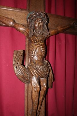 1 Romanesque Crucifix And Corpus Christi Fully Hand-Carved Oak, Applications 4 Evangelists, Romanesque-Style, 19th Cent.  (1890)