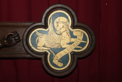 1 Romanesque Crucifix And Corpus Christi Fully Hand-Carved Oak, Applications 4 Evangelists, Romanesque-Style, 19th Cent.  (1890)
