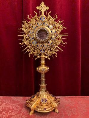 Exeptional Monstrance With Original Case style Romanesque en full silver Gilt /  Precious Stones Turquoise Amethist / Enamel Medallions and Elements., France 19th century ( anno 1875 )