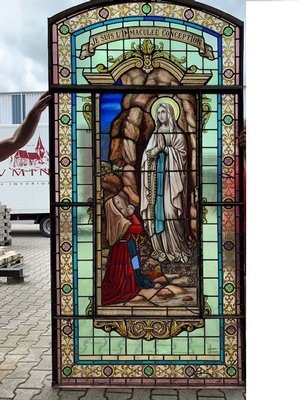 1 Romanesque Stained Glass Window : Mary S Appaerance To Bernadette In Lourdes. Signed: Grosse Bruges.