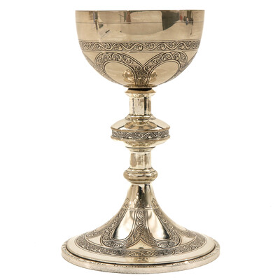 Chalice With Origal Paten style Romanesque - Style en Full - Silver Silver Marks and Stamps Present / Silver, 800/1000, Belgium 19th century