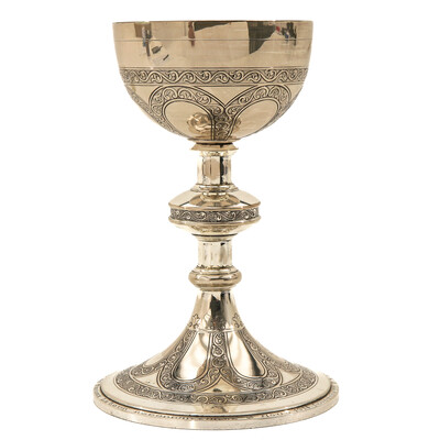 Chalice With Origal Paten style Romanesque - Style en Full - Silver Silver Marks and Stamps Present / Silver, 800/1000, Belgium 19th century