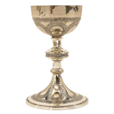 Chalice With Origal Paten style Romanesque - Style en Full - Silver Silver Marks and Stamps Present / Silver, 800/1000, Belgium 19th century