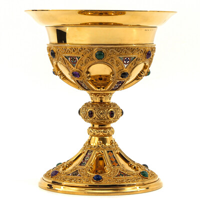 Chalice With Original Paten & Case style Romanesque - Style en Silver Cuppa Gilt / Stones , Spain 20 th century