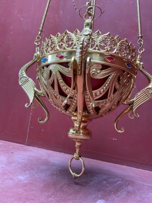 Exceptional Sanctuary Lamp style Romanesque - Style en Brass / Bronze / Polished and Varnished / Glass / Stones, France 19 th century ( Anno 1865 )