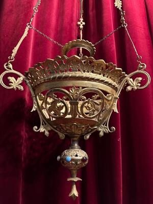 Sanctuary Lamp style Romanesque - Style en Brass / Bronze / Gilt / Stones, France 19 th century ( Anno 1885 )