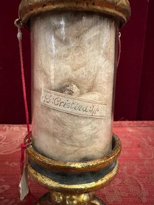 Very Rare Cylinder-Reliquary - Relic Ex Ossibus St. Christina style Romanesque - Style en Wood / Glass / Originally Sealed, Italy  18 th century