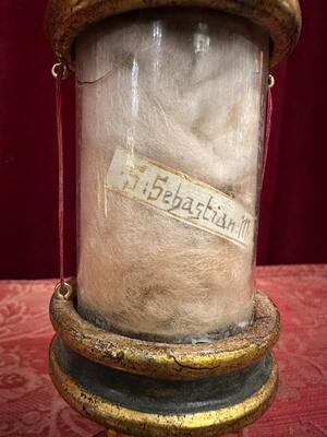 Very Rare Cylinder-Reliquary - Relic Ex Ossibus St. Sebastian style Romanesque - Style en Wood / Glass / Originally Sealed, Italy  18 th century