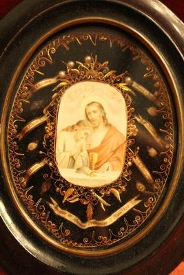 Souvenir De Premier Communion 27 Mars 1898. Relics : St Theresia V. St. Franc. D. Assisi C. Voile De N.D. De Loretto. St. Ignace M. St. Perseverante V. France 19th century ( 1898 )