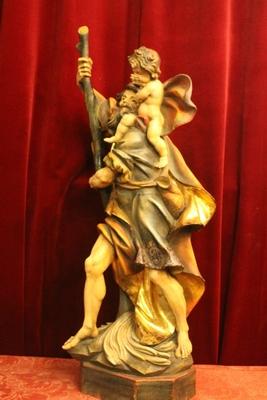 St. Christoph Statue en hand-carved wood polychrome partly Gilt, Southern Germany 20th century