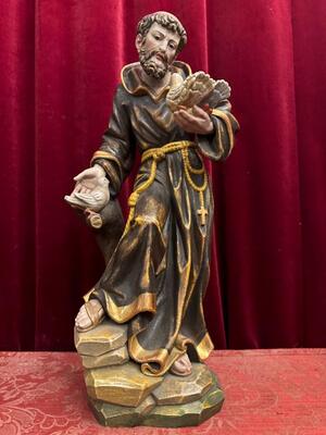 St. Francis Sculpture en Hand - Carved Wood Polychrome / Gilt, Italy  20 th century