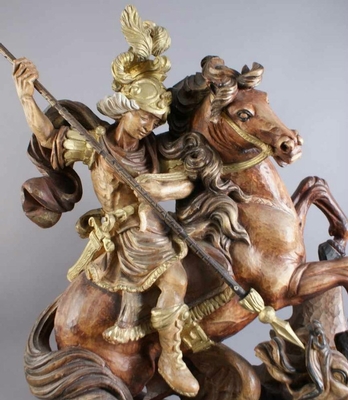 St. George Statue en hand-carved wood polychrome, Southern Germany 20th century