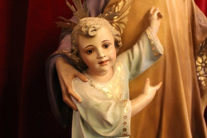 St. Joseph Statue With Child. Wooden Base, Glass Eyes en plaster polychrome, France 19th century