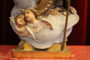 St. Joseph Statue With Child. Wooden Base, Glass Eyes en plaster polychrome, France 19th century