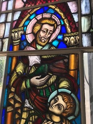 Stainded Glass Window. St. Joseph & Child Some Restoration Needed. en Stained Glass / IRON FRAMES, Dutch 20th century ( 1952 )