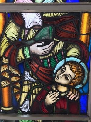 Stainded Glass Window. St. Joseph & Child Some Restoration Needed. en Stained Glass / IRON FRAMES, Dutch 20th century ( 1952 )