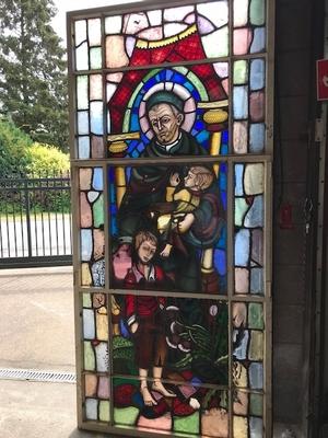 Stainded Glass Window St. Vincentius. Some Restoration Needed en Stained Glass / IRON FRAMES, Dutch 20th century ( 1952 )