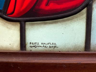 Stained Glass Window Signed : Fritz Haufler en Glass / Wooden Frame, Basel Switserland 20th Century