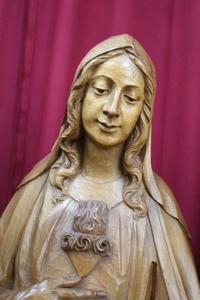 Statue Sacred Heart Of Jesus (Matching With Sacred Heart Of St. Mary) en hand-carved wood , Dutch 20th century