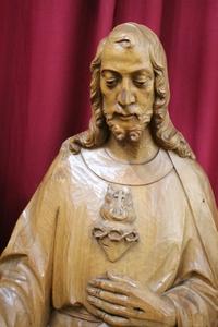 Statue Sacred Heart Of Jesus (Matching With Sacred Heart Of St. Mary) en hand-carved wood , Dutch 20th century