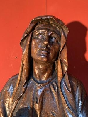 Statue St. Mary Under The Cross. Signed J.V. At Genk en hand-carved wood Oak, Genk - Belgium