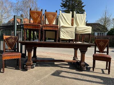 Exceptional Adjustable Table With Matching Chairs en Oak / Leather, Spain 19 th century