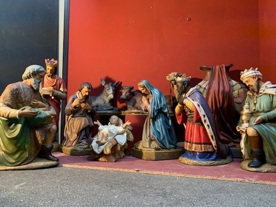 Large Nativity Set 100 Cm ! en Plaster polychrome, Dutch 19 th century ( Anno 1870 )