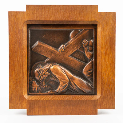 Stations Of The Cross éMile Salmon (1840-1913)  style art - deco en Brass / Oak Wooden Frames, Belgium 20 th century