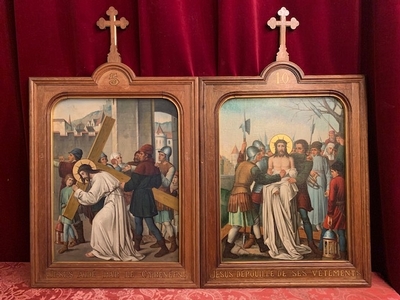 Complete Series Hand-Painted Stations Of The Cross Nazarene-Style en Hand Painted / Oak Frames, France 19th century ( anno 1890 )