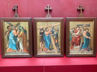 Complete Series Stations Of The Cross. Spots On Glass = Light - Shine Perfect Condition ! en Printed Lithography / Oak Frames, Belgium 20th century ( 1915 )