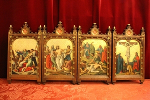 Complete Series Stations Of The Cross Hand - Painted On Zinc Oak Frames Perfect Condition style Gothic - style en Oak Frames / Painted on Zinc, Belgium 19th century (1870)