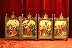 Complete Series Stations Of The Cross Hand - Painted On Zinc Oak Frames Perfect Condition style Gothic - style en Oak Frames / Painted on Zinc, Belgium 19th century (1870)