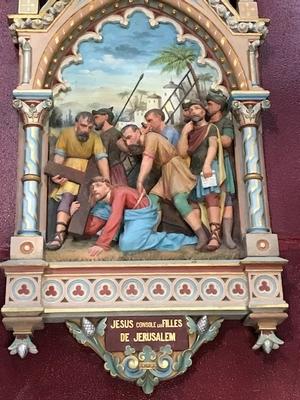 Exceptional Series Stations Of The Cross style Gothic - style en Terra-Cotta polychrome, France 19th century ( anno 1865 )