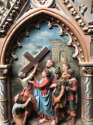 Exceptional Series Stations Of The Cross style Gothic - style en Terra-Cotta polychrome, France 19th century ( anno 1865 )