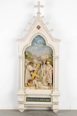 Large Series Stations Of The Cross. style Gothic - Style en Plaster polychrome, Belgium  19 th century