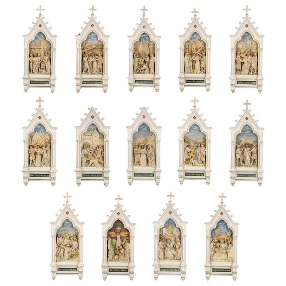 14 Gothic - Style Large Series Stations Of The Cross Complete With All Crosses & Pinakels